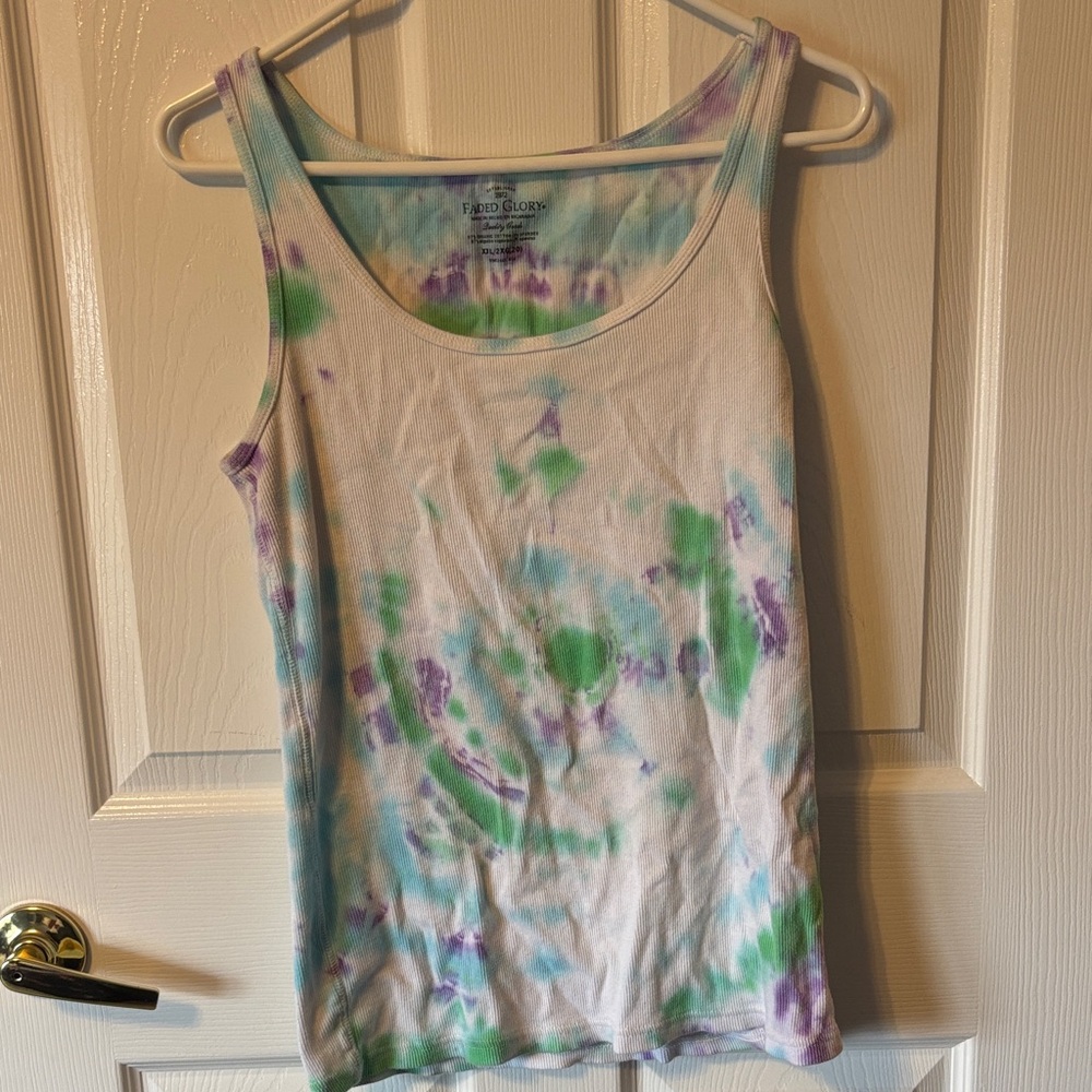 Faded Glory Tie-Dye Scoop Neck Tank - White with Pastel Green & Purple
